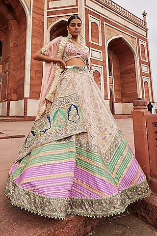 Multi-Colored Woven Silk Banarasi Lehenga Set by Aditi Gupta