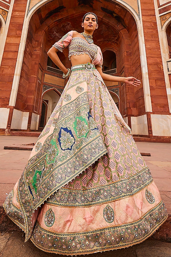 Powder Pink Woven Silk Banarasi Lehenga Set by Aditi Gupta