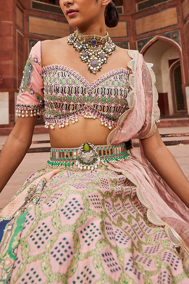 Powder Pink Woven Silk Banarasi Wedding Lehenga Set by Aditi Gupta at Pernia's Pop Up Shop