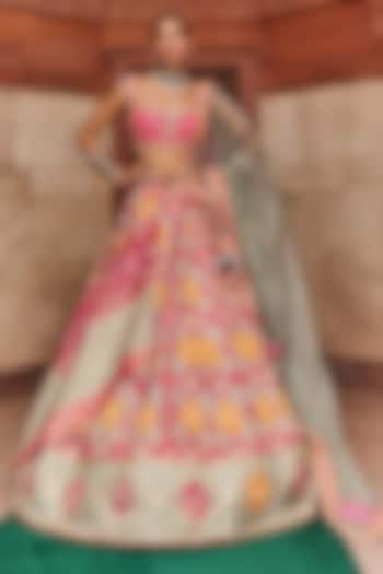 Hot Pink & Grey Woven Silk Meenakari Lehenga Set by Aditi Gupta