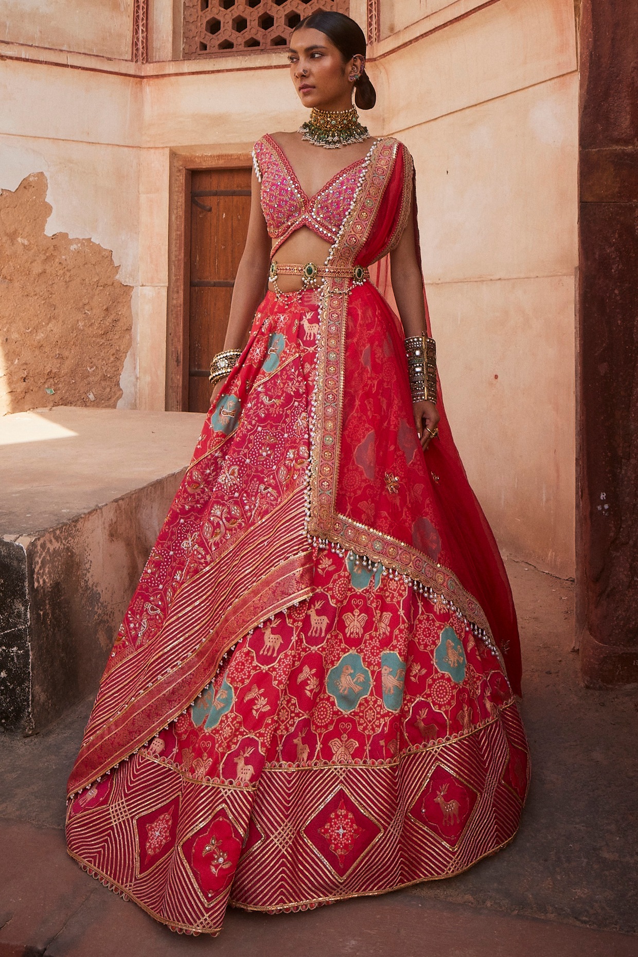 Coral Woven Banarsi Jharoka Lehenga
