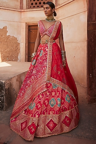 Coral Woven Silk Banarasi Lehenga Set by Aditi Gupta