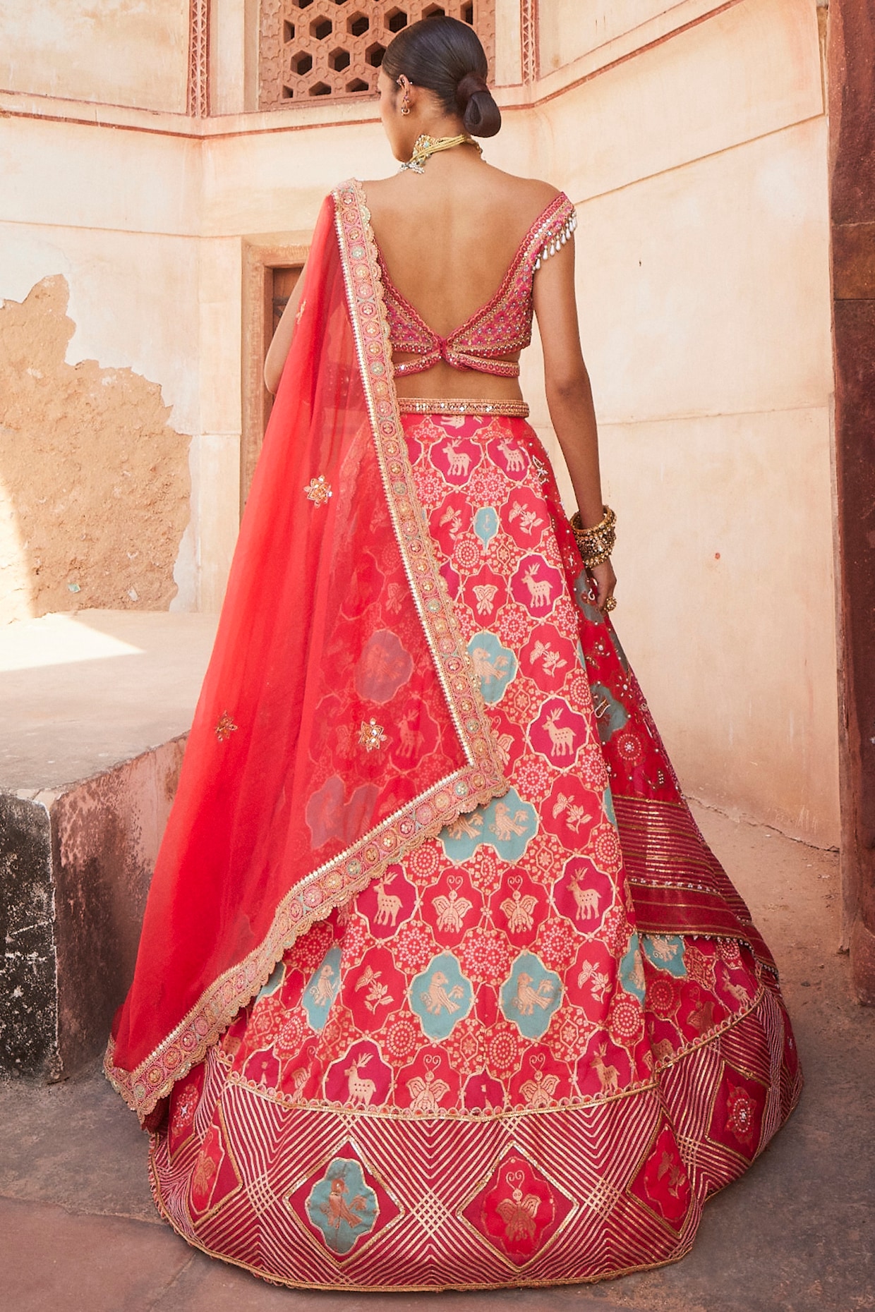 Gajari colour Banarasi Silk Zari Work Lehenga With dupatta and unstitc –  Halfsaree-studio