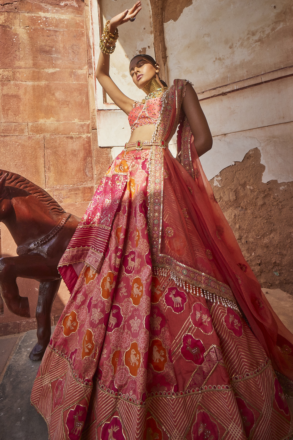 Coral Woven Silk Banarasi Lehenga Set by Aditi Gupta