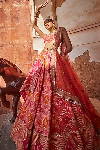 Coral Woven Silk Banarasi Lehenga Set by Aditi Gupta