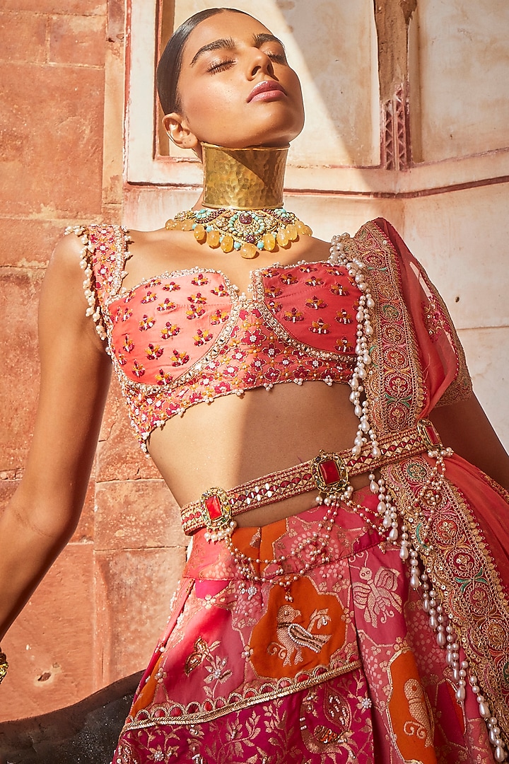 Coral Woven Silk Banarasi Wedding Lehenga Set by Aditi Gupta at Pernia's Pop Up Shop