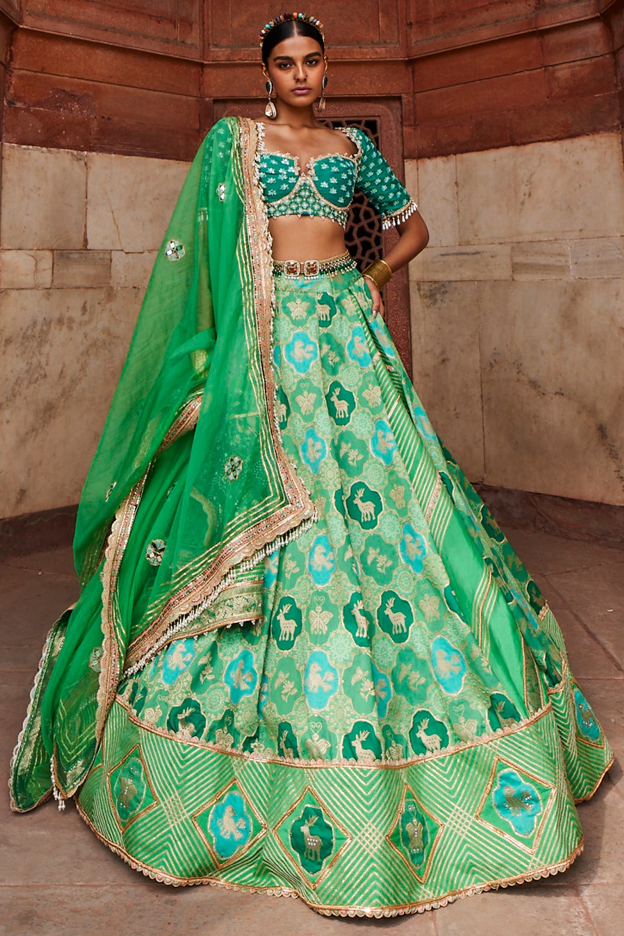 Mehendi And Firozi Latest Banarasi Lehenga With Double Dupatta