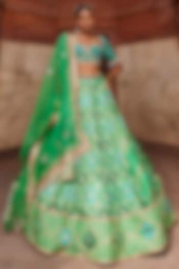 Green Woven Silk Banarasi Lehenga Set by Aditi Gupta