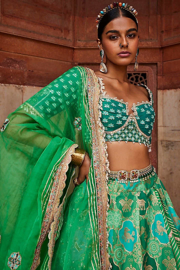 Green Woven Silk Banarasi Wedding Lehenga Set by Aditi Gupta at Pernia's Pop Up Shop