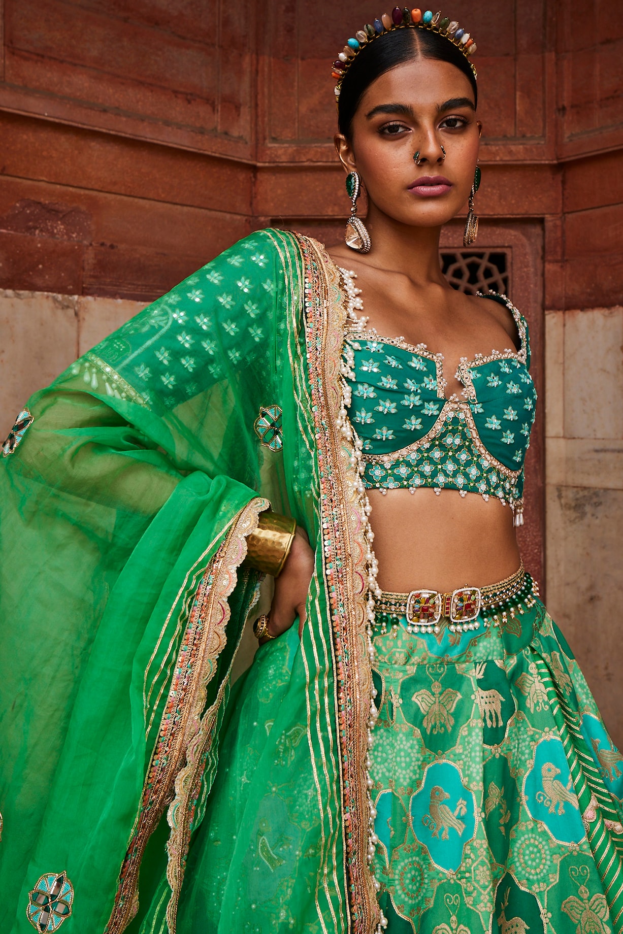 Green Woven Silk Banarasi Lehenga Set Design by Aditi Gupta at