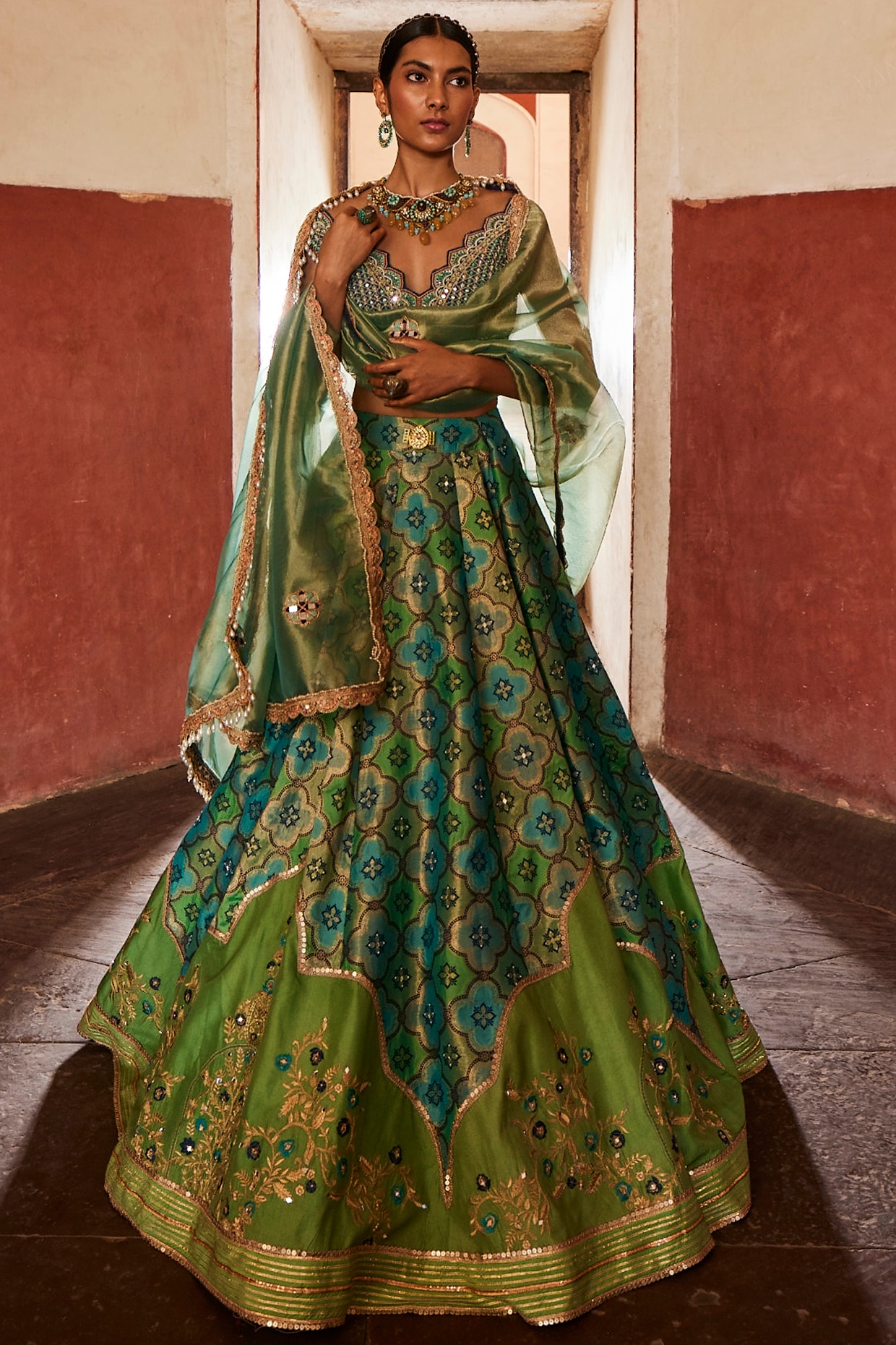 Buy Yellow Kurta Georgette Lehenga Tissue Banarasi Dupatta Set For Women by  Nitika Gujral Online at Aza Fashions.