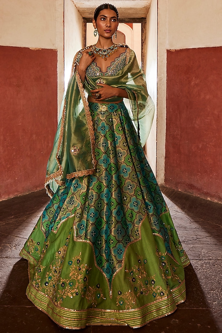 Green Woven Silk Embroidered Banarasi Lehenga Set by Aditi Gupta