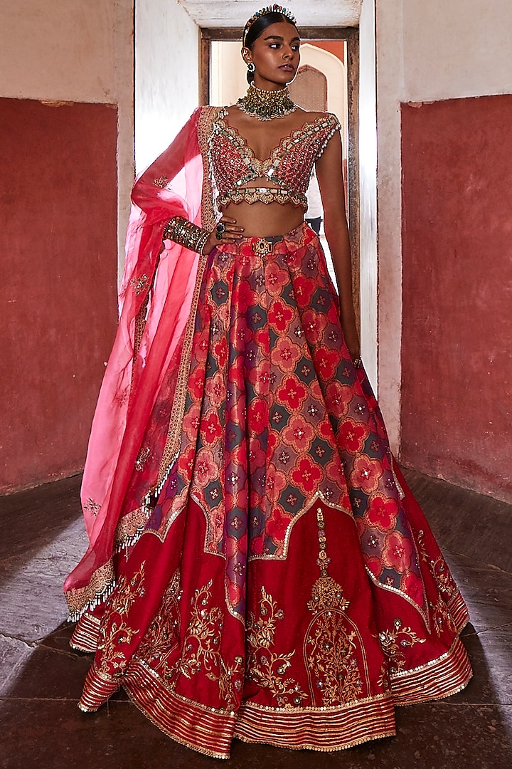 Coral Woven Silk Embroidered Banarasi Lehenga Set by Aditi Gupta