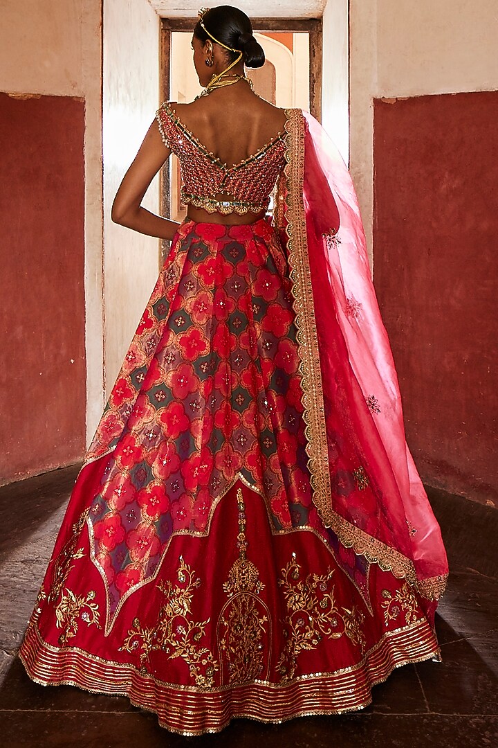 Coral Woven Silk Embroidered Banarasi Wedding Lehenga Set by Aditi Gupta at Pernia's Pop Up Shop
