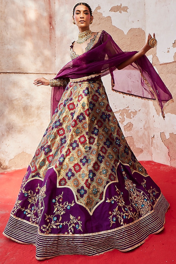 Purple Woven Silk Embroidered Banarasi Lehenga Set by Aditi Gupta