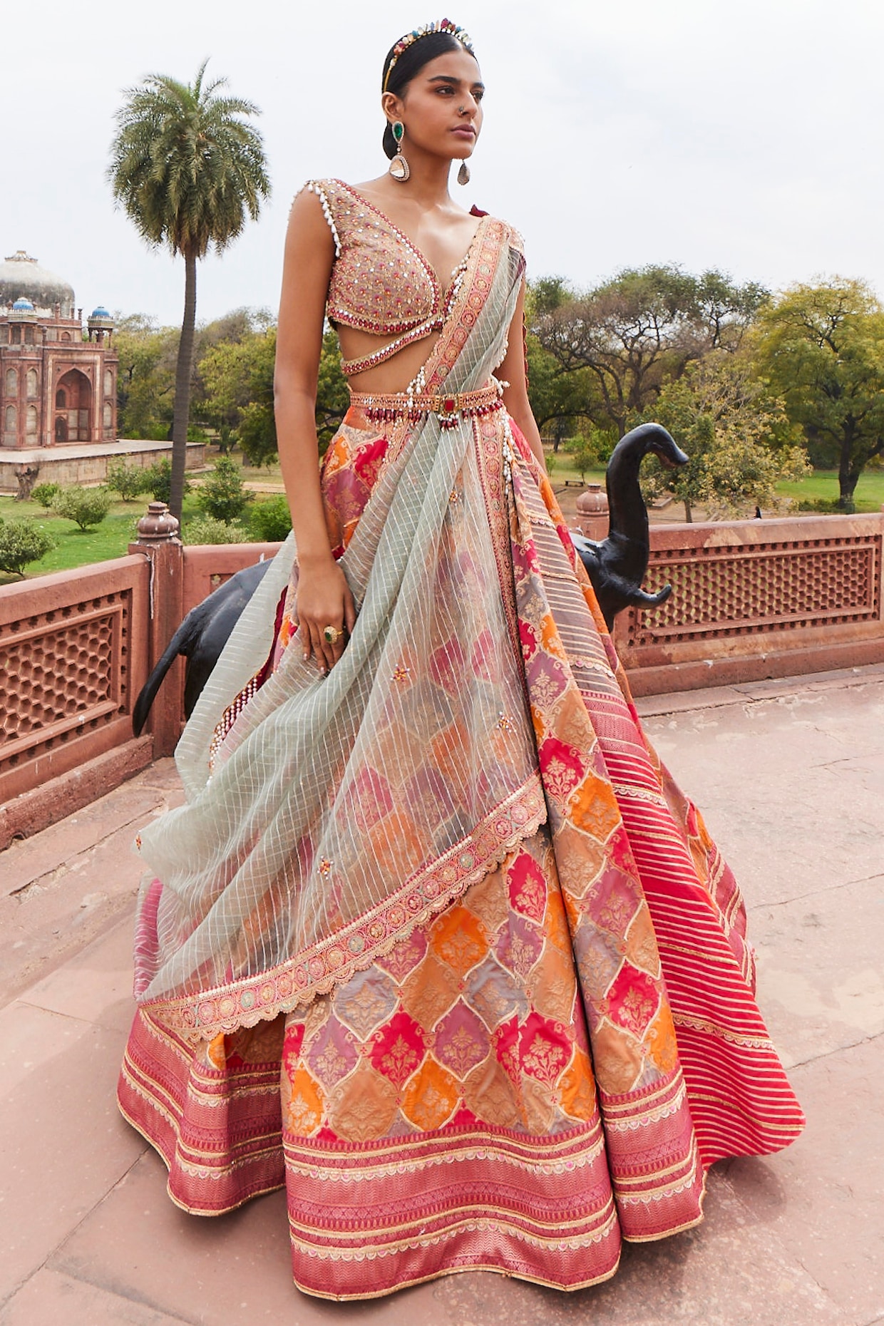 Multi-colored Woven Silk Banarasi Lehenga Set Design by Aditi Gupta