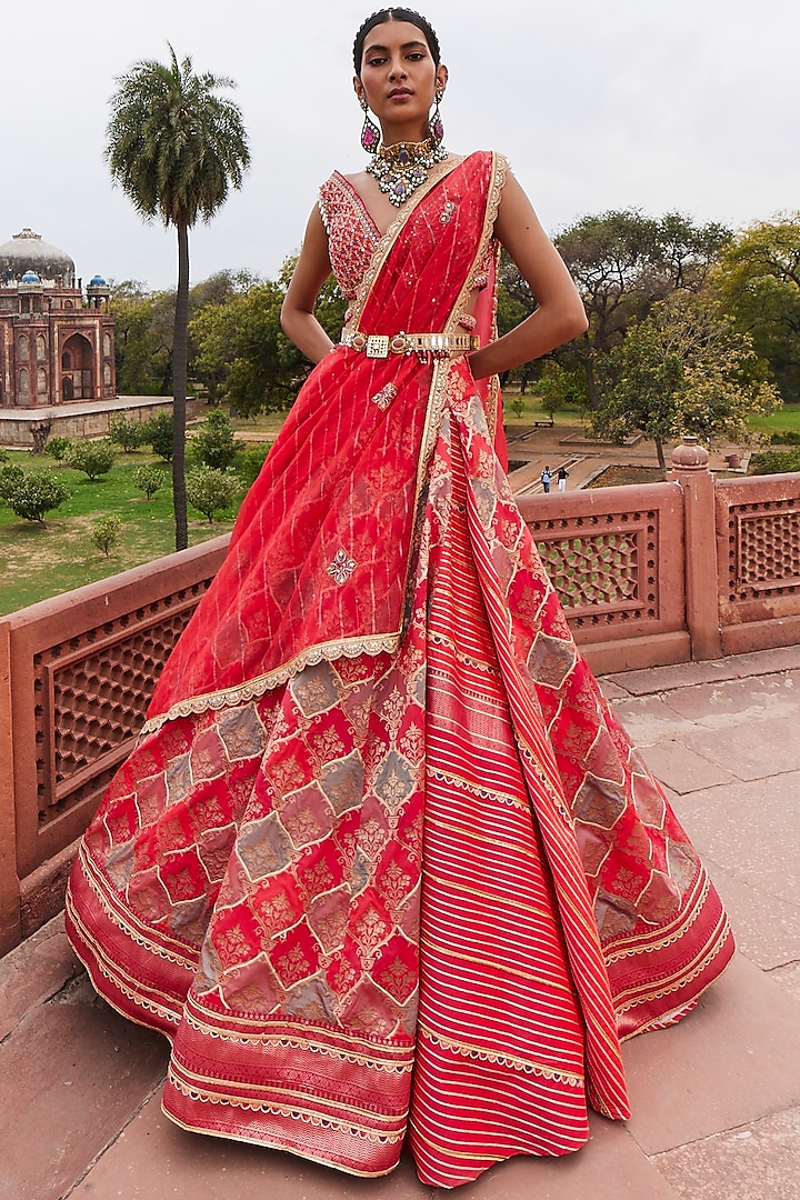 Hot Pink Woven Silk Banarasi Lehenga Set by Aditi Gupta