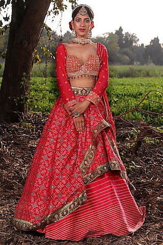 Coral Pink Zardosi Embroidered Lehenga Set by Aditi Gupta