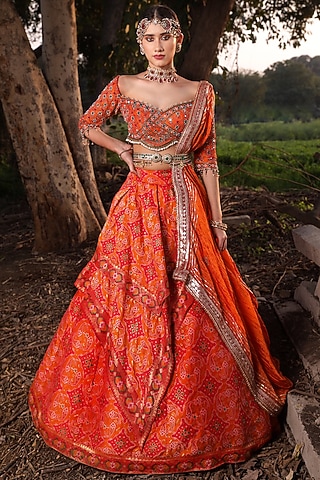 Carrot Orange Embroidered Lehenga Set by Aditi Gupta