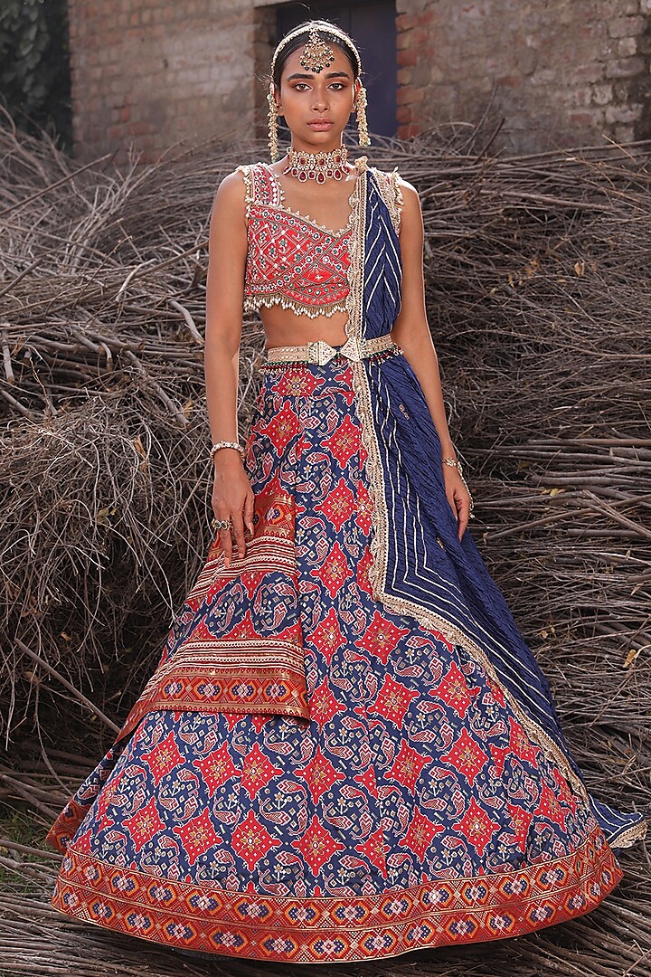 Light Red & Blue Embroidered Lehenga Set by Aditi Gupta