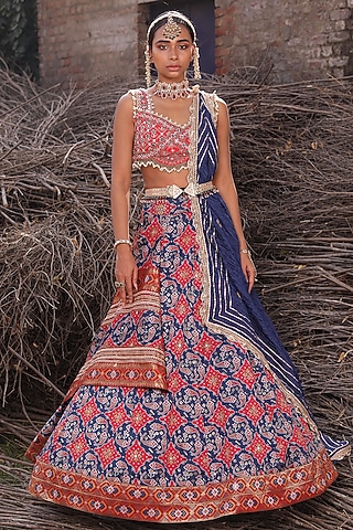 Light Red & Blue Embroidered Lehenga Set by Aditi Gupta