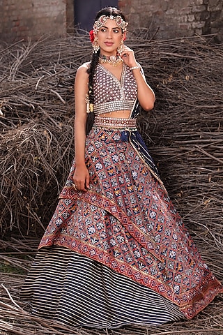 Red & Blue Embroidered Lehenga Set by Aditi Gupta