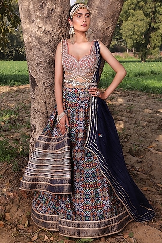 Midnight Blue Embroidered Lehenga Set by Aditi Gupta
