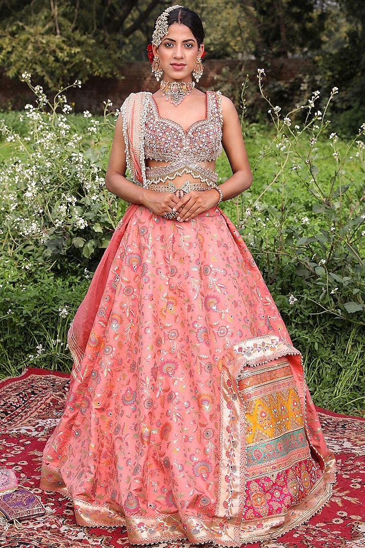 Peach Embroidered Wedding Lehenga Set by Aditi Gupta at Pernia's Pop Up Shop