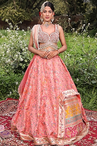 Peach Embroidered Lehenga Set by Aditi Gupta