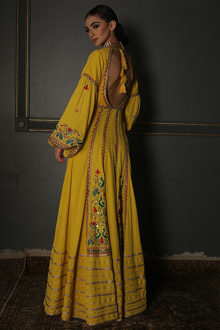 Mustard Pleated Georgette Hand Embroidered Wedding Anarkali Set by Aditi Gupta at Pernia's Pop Up Shop