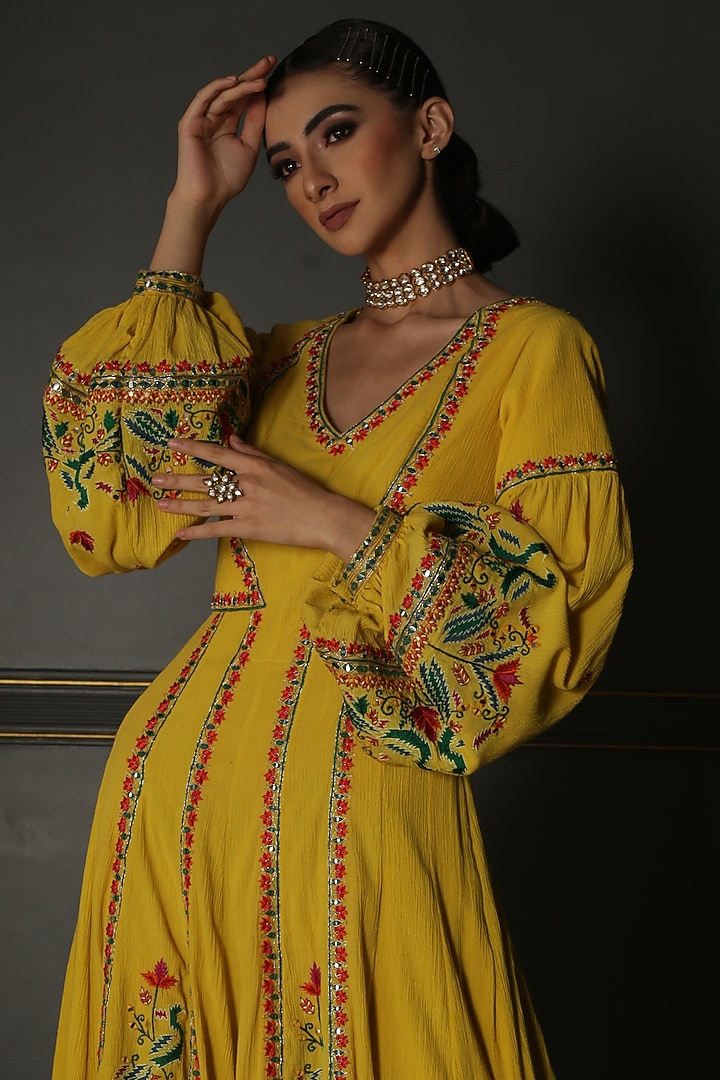 Mustard Pleated Georgette Hand Embroidered Wedding Anarkali Set by Aditi Gupta at Pernia's Pop Up Shop