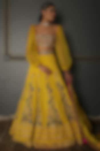 Mustard Yellow Hand Embroidered Wedding Lehenga Set by Aditi Gupta at Pernia's Pop Up Shop