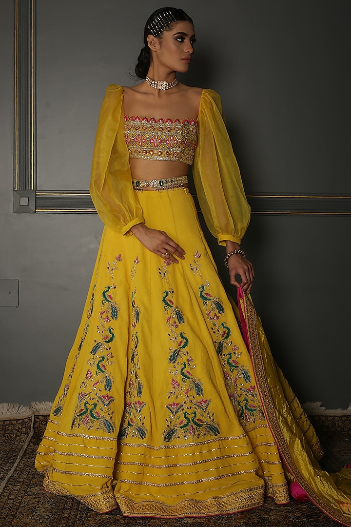 Mustard Yellow Hand Embroidered Wedding Lehenga Set by Aditi Gupta at Pernia's Pop Up Shop