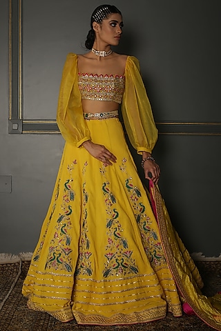 Mustard Yellow Hand Embroidered Lehenga Set by Aditi Gupta
