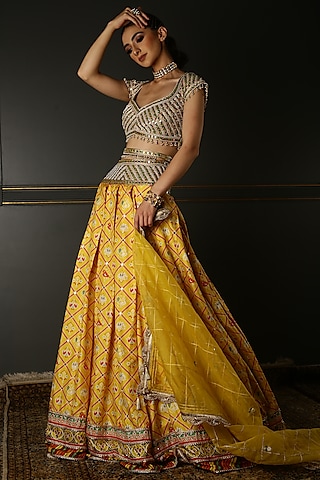 Mustard Yellow Silk Embroidered Lehenga Set by Aditi Gupta