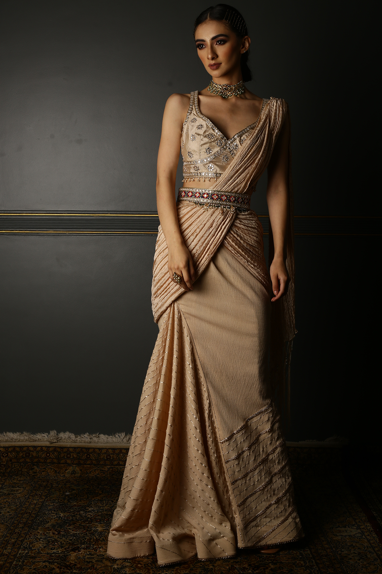 Beige Pure Silk & Textured Georgette Draped Wedding Saree Set by Aditi Gupta at Pernia's Pop Up Shop