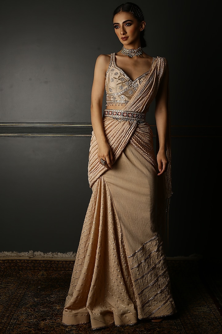 Beige Pure Silk & Textured Georgette Draped Saree Set by Aditi Gupta