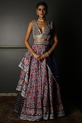 Midnight Blue Embroidered Lehenga Set by Aditi Gupta