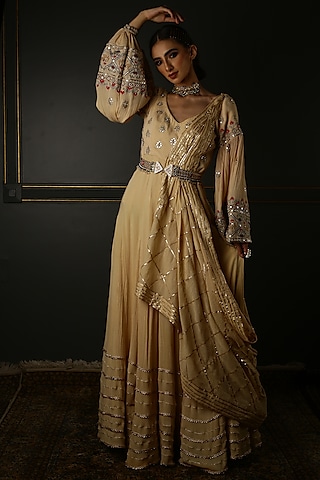 Beige Hand Embroidered Anarkali Set by Aditi Gupta