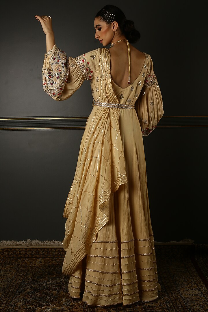 Beige Hand Embroidered Wedding Anarkali Set by Aditi Gupta at Pernia's Pop Up Shop