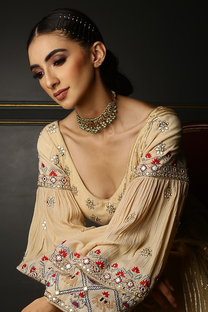 Beige Hand Embroidered Wedding Anarkali Set by Aditi Gupta at Pernia's Pop Up Shop