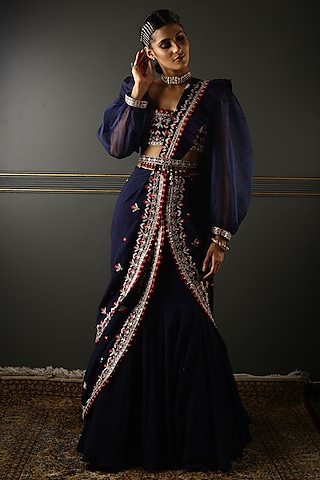 Midnight Blue Georgette Embroidered Lehenga Set by Aditi Gupta