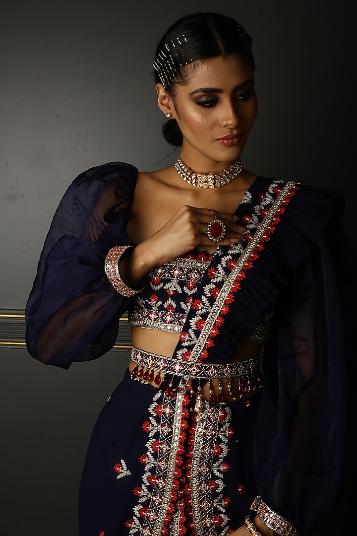Midnight Blue Georgette Embroidered Wedding Lehenga Set by Aditi Gupta at Pernia's Pop Up Shop