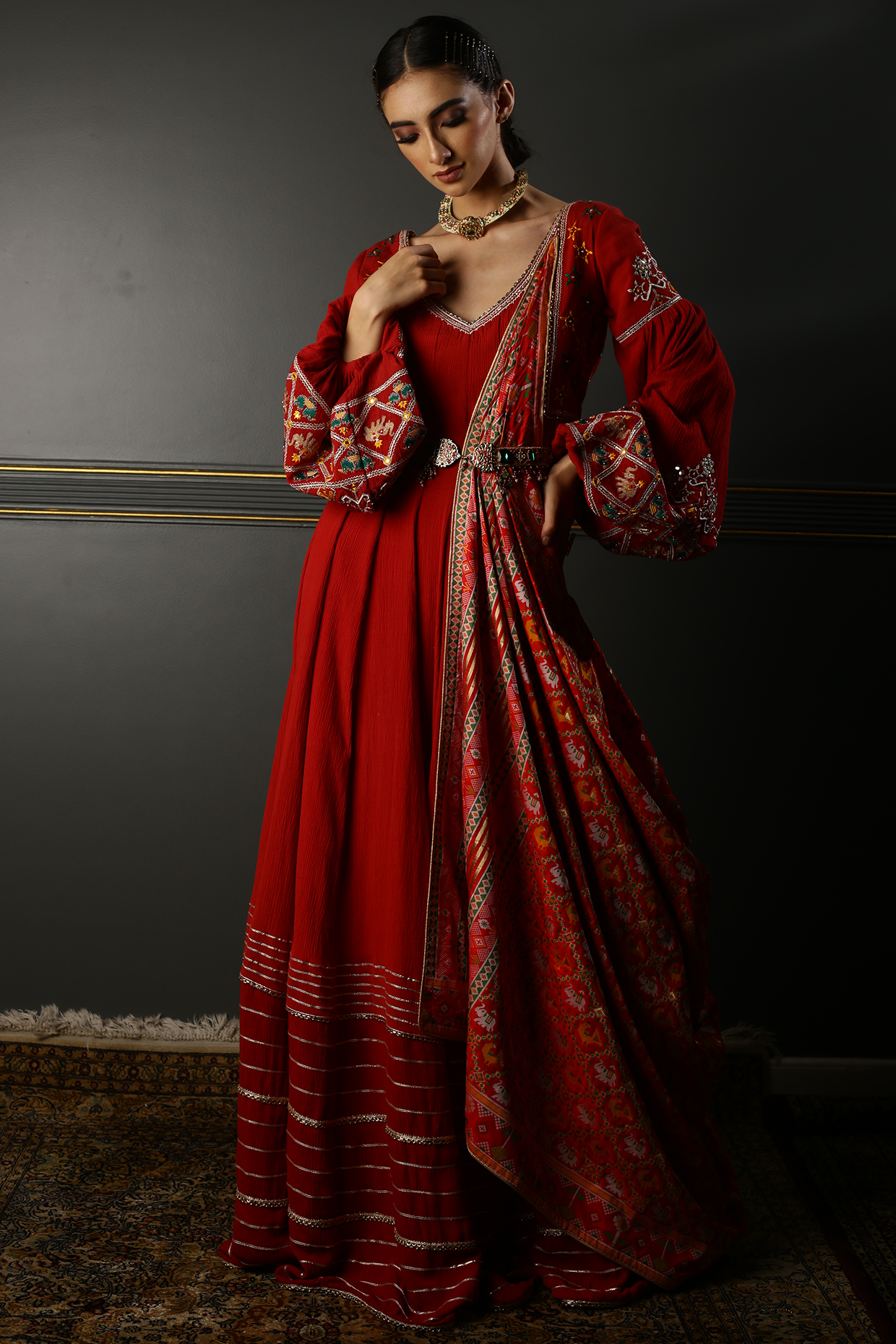 Ruby Red Embroidered Anarkali Set by Aditi Gupta at Pernia's Pop Up Shop
