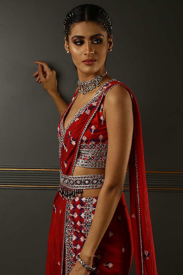 Ruby Red Textured Georgette Embroidered Draped Wedding Saree Set by Aditi Gupta at Pernia's Pop Up Shop