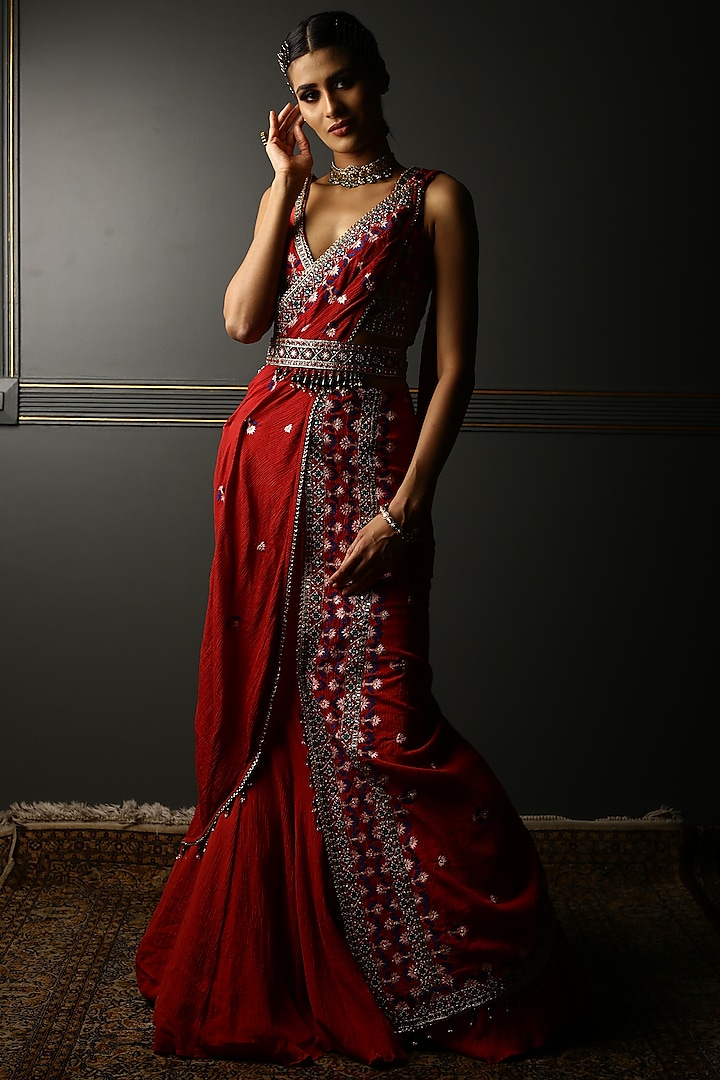 Ruby Red Textured Georgette Embroidered Draped Wedding Saree Set by Aditi Gupta at Pernia's Pop Up Shop
