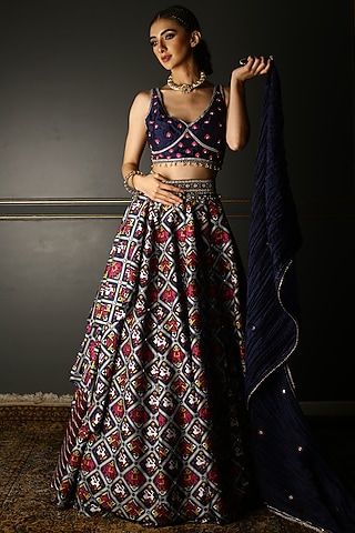Midnight Blue Silk Embroidered Lehenga Set by Aditi Gupta