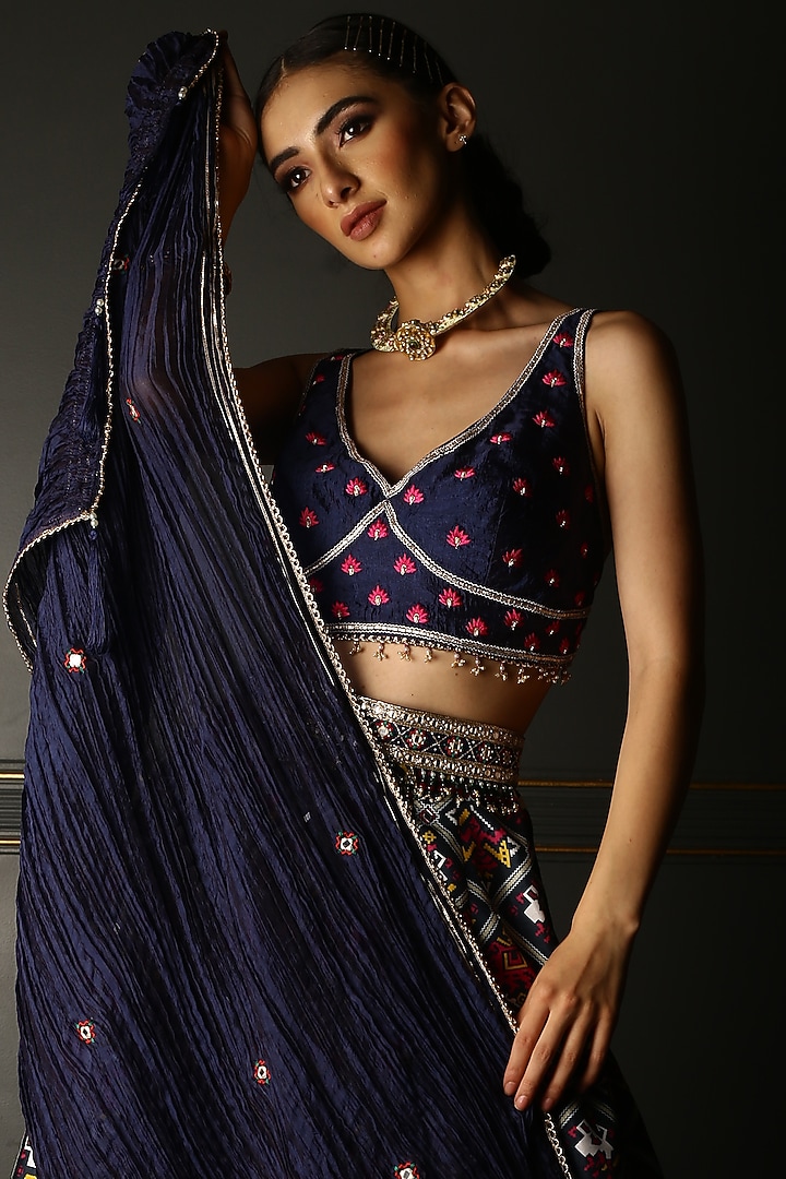 Midnight Blue Silk Embroidered Wedding Lehenga Set by Aditi Gupta at Pernia's Pop Up Shop