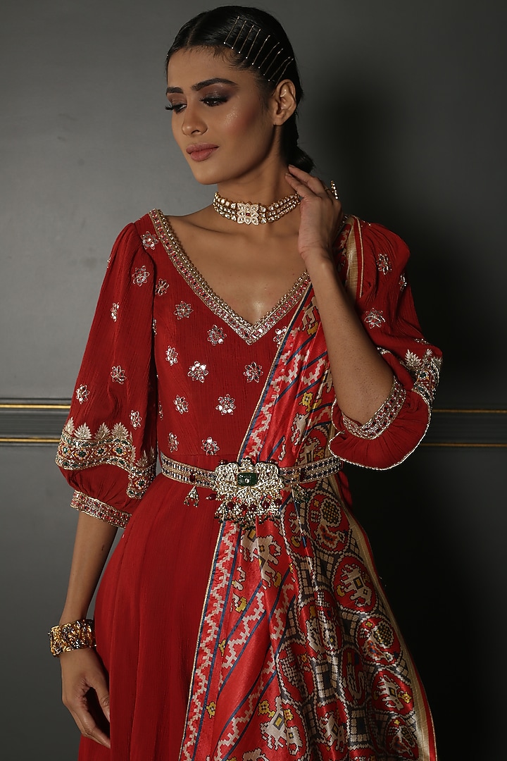Ruby Red Embroidered Wedding Anarkali Set by Aditi Gupta at Pernia's Pop Up Shop