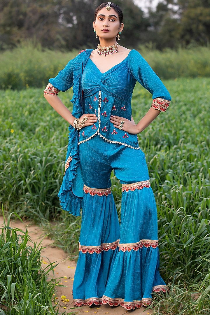 Pherozi Blue Embroidered Wedding Sharara Set by Aditi Gupta at Pernia's Pop Up Shop
